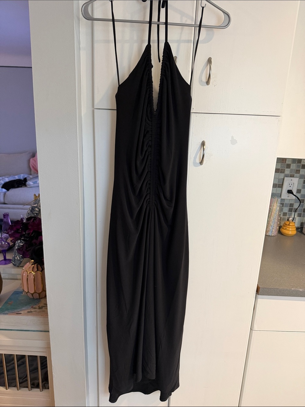 Express Black Ruched Halter Midi Dress